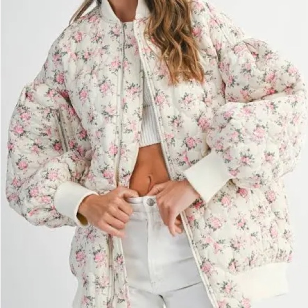 Floral Bomber Jacket - Cream and Pink
